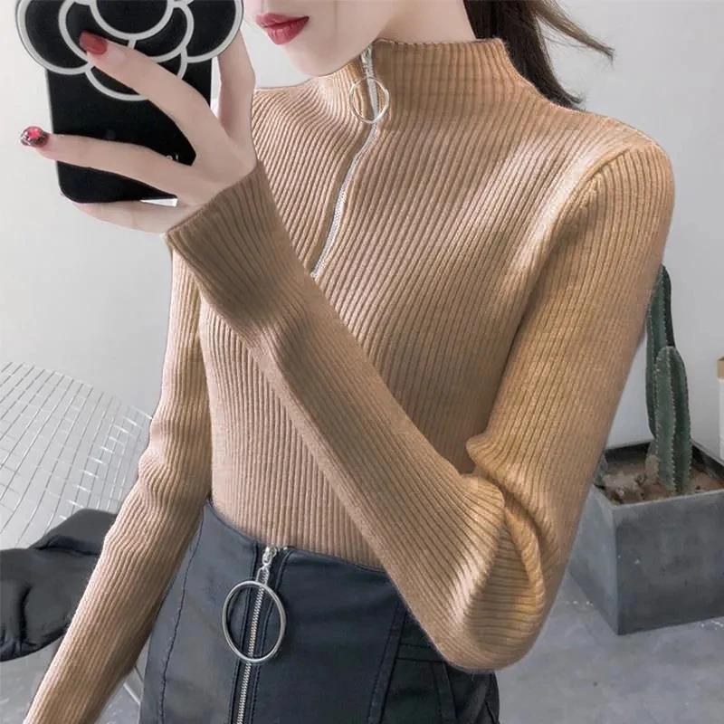 Tricoté femmes fermeture éclair demi col haut Pull pulls automne hiver basique femmes chandails minc