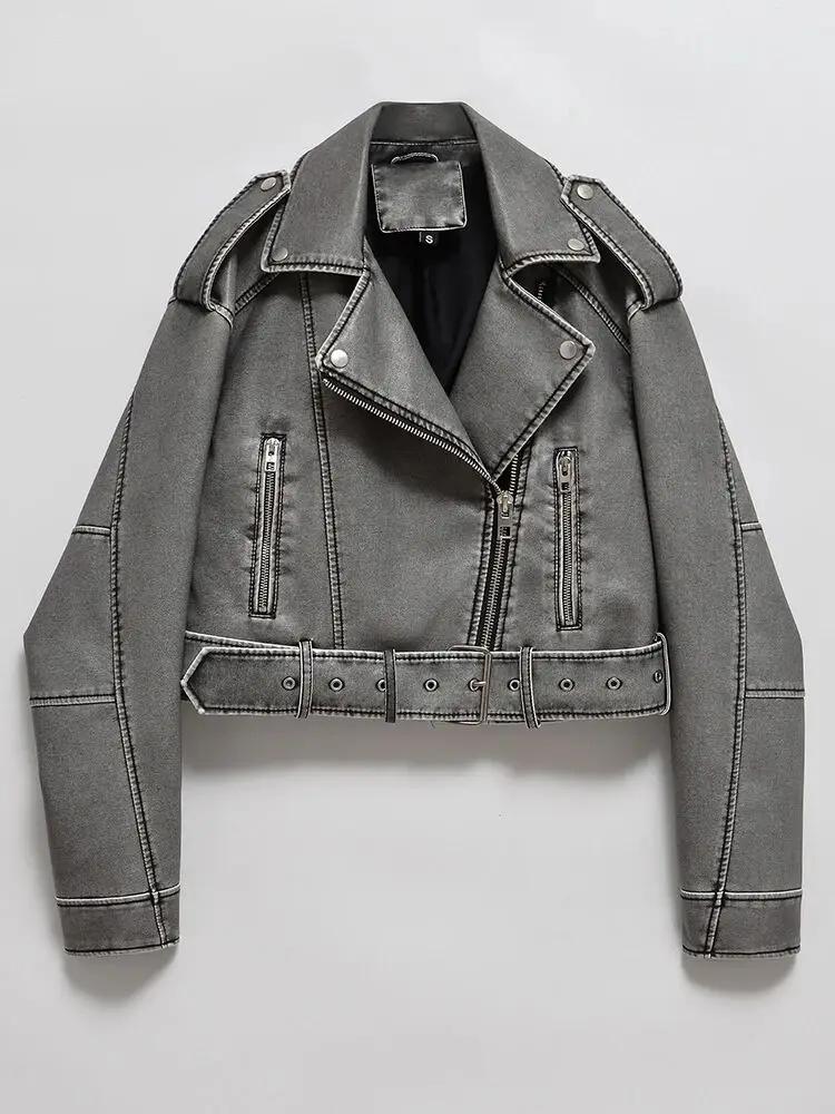 Femmes Vintage ample lavé Faux cuir veste courte Streetwear femme fermeture éclair ceinture Moto Bik