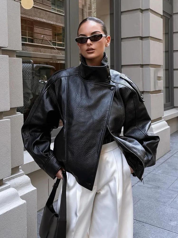 HH femmes automne élégant Style de rue manteaux femme asymétrique bouton poche manches longues noir
