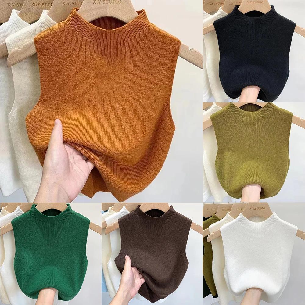Débardeur femme couleur unie t-shirts tricotés recadrée Camisole pull demi-col roulé printemps autom