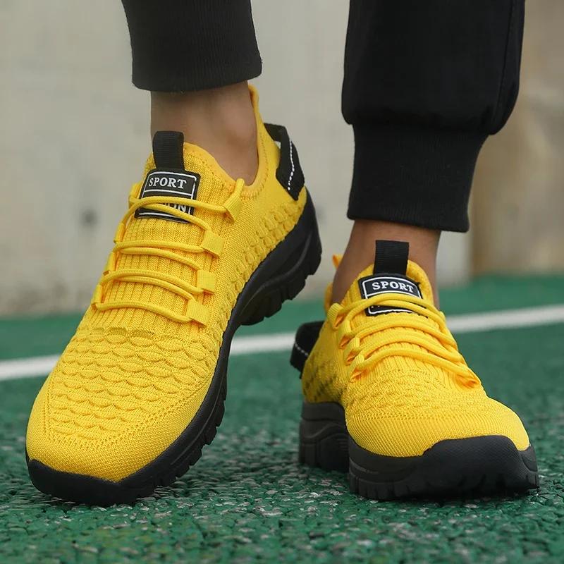 Baskets d'extérieur jaune vif pour hommes, chaussures de sport en maille respirante, absorbant les c