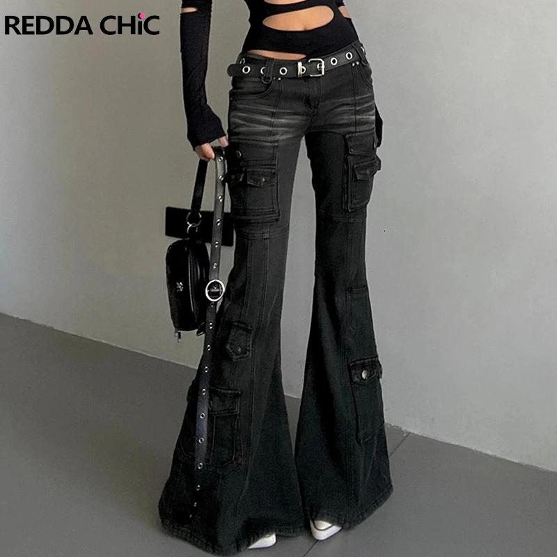 REDDACHiC Acubi mode noir Flare jean rétro moustaches maigre Stretch taille basse poches Cargo panta