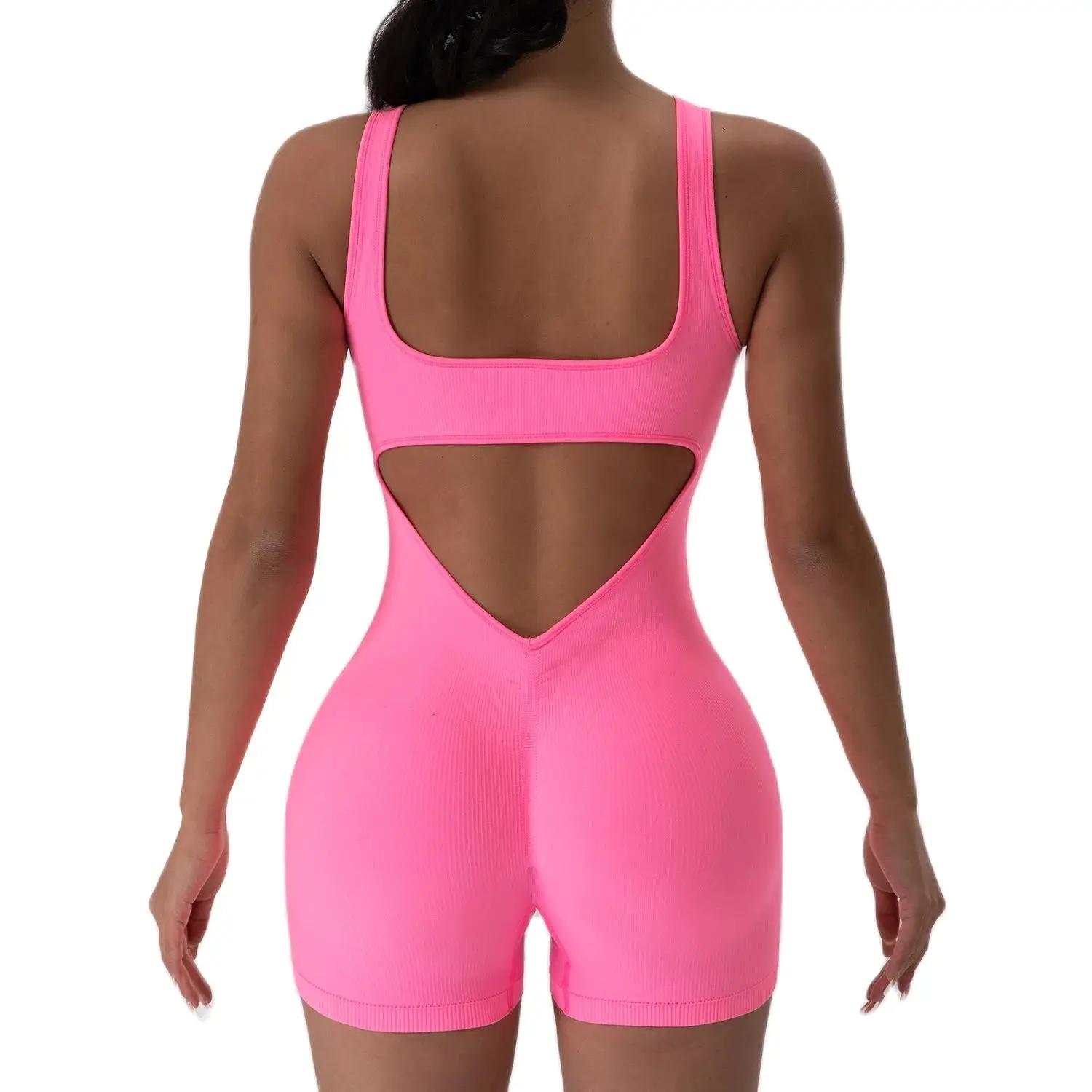 Combinaison de Yoga dos nu, 1 pièce, col en U, sans manches, combinaison de sport, couleur unie, fil