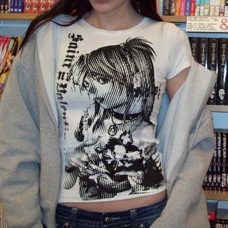 Y2k anime Streetwear col rond 90s texte impression hauts femmes Harajuku vêtements Simple Vintage T-
