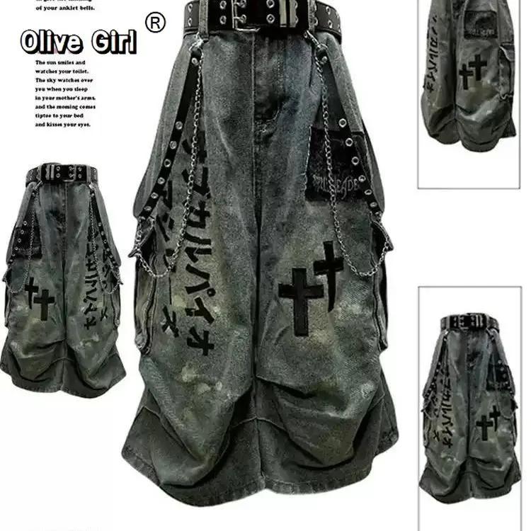 Grande taille crâne croix femmes jean pantalon Denim pantalon américain rétro ambiance jambes larges