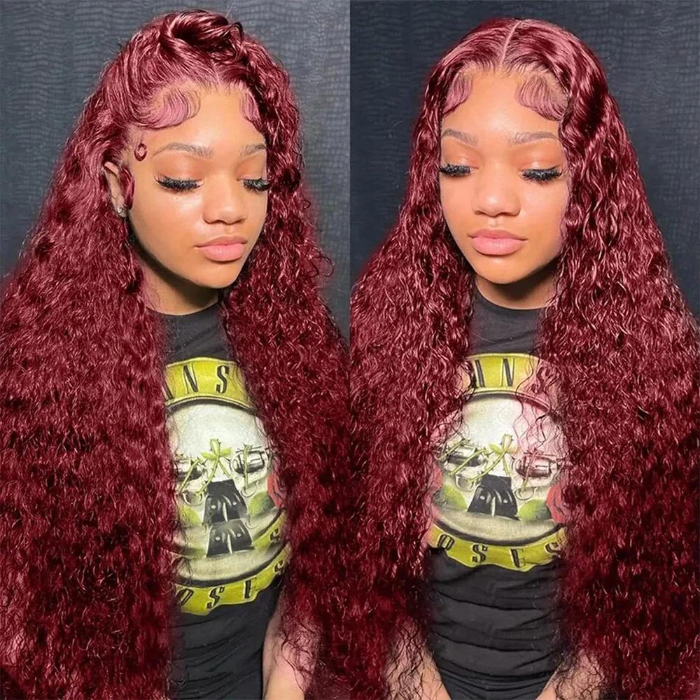 Perruque Deep Wave Lace Front Wig Naturelle, Cheveux Bouclés, Couleur Rouge Bordeaux 99J, Pré-épilés