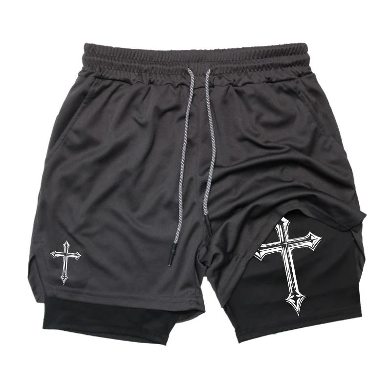 Short d'entraînement 2 en 1 homme - Imprimé croisé avec doublure compression, poche téléphone et boucle serviette