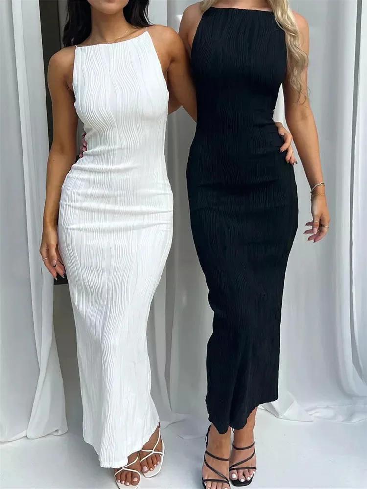 Robe longue froncée sans manches pour femmes, Sexy, Slim, couleur unie, dos fendu, tenue de soirée,