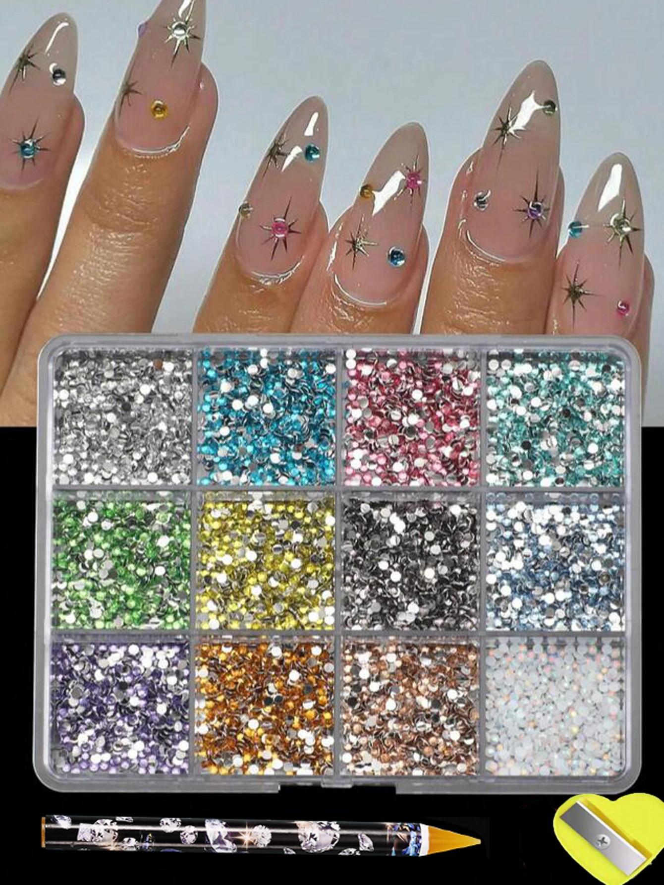 12 grilles (6000 pièces) strass pour Nail Art en résine 3D + outils 2mm diamant brillant breloques p