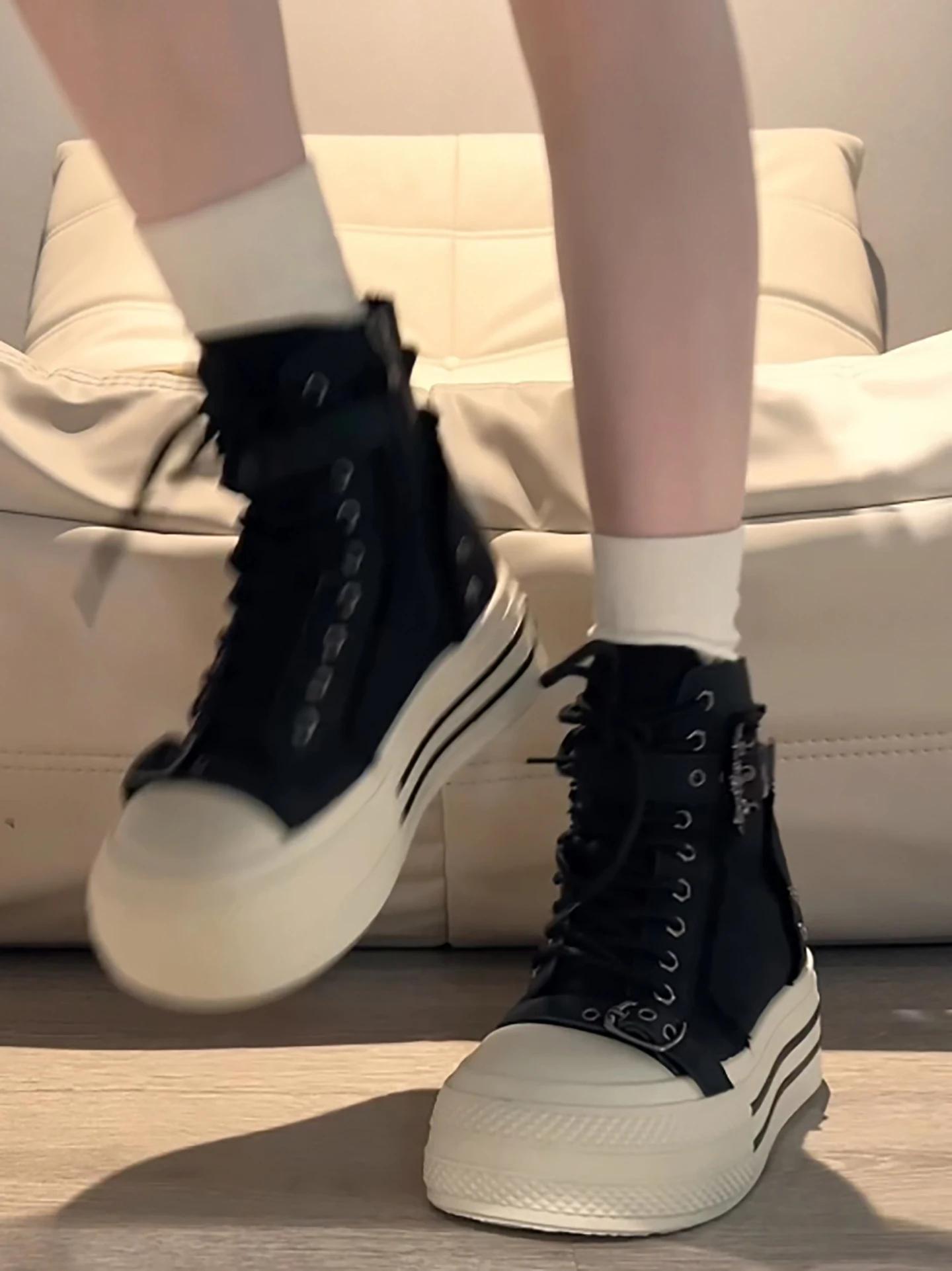 2025 Chaussures montantes rétro noires en toile pour femmes – Baskets à plateforme épaisse pour une