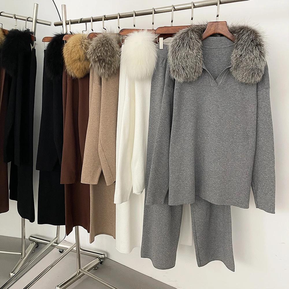 Réalité fourrure veste pull ensemble femme printemps tricoté costume tricots femme réel renard col d