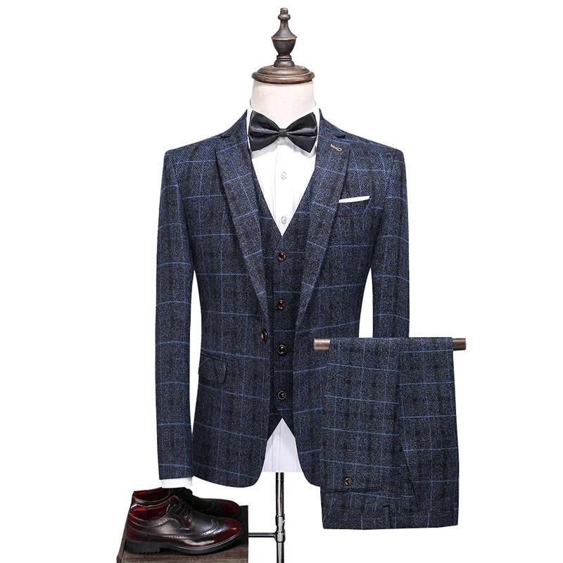 Blazer et pantalon en lin à carreaux pour hommes, mode masculine, affaires, gentleman, mariage, déco