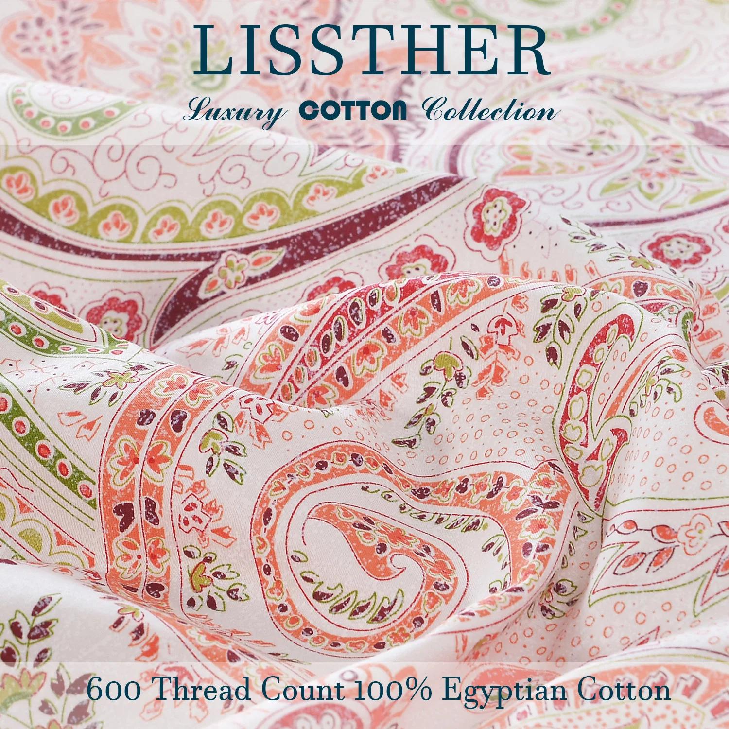 Ensemble de housse de couette 3 pièces 600TC 100% coton égyptien, imprimé Paisley rose Boho, doux et