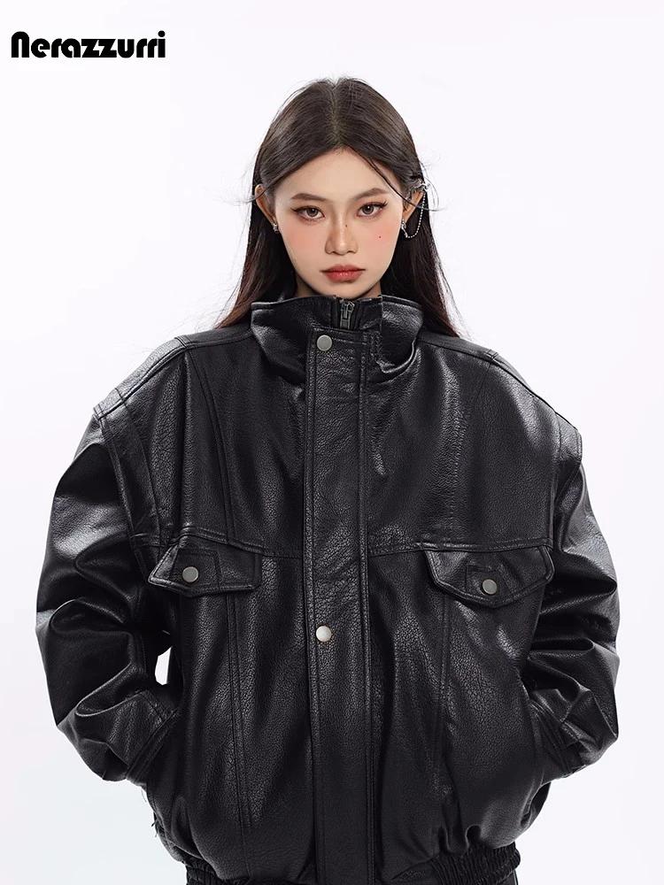 Nerazzurri – veste en cuir Pu noir pour femme, vêtement surdimensionné, coupe-vent, épais, fermeture