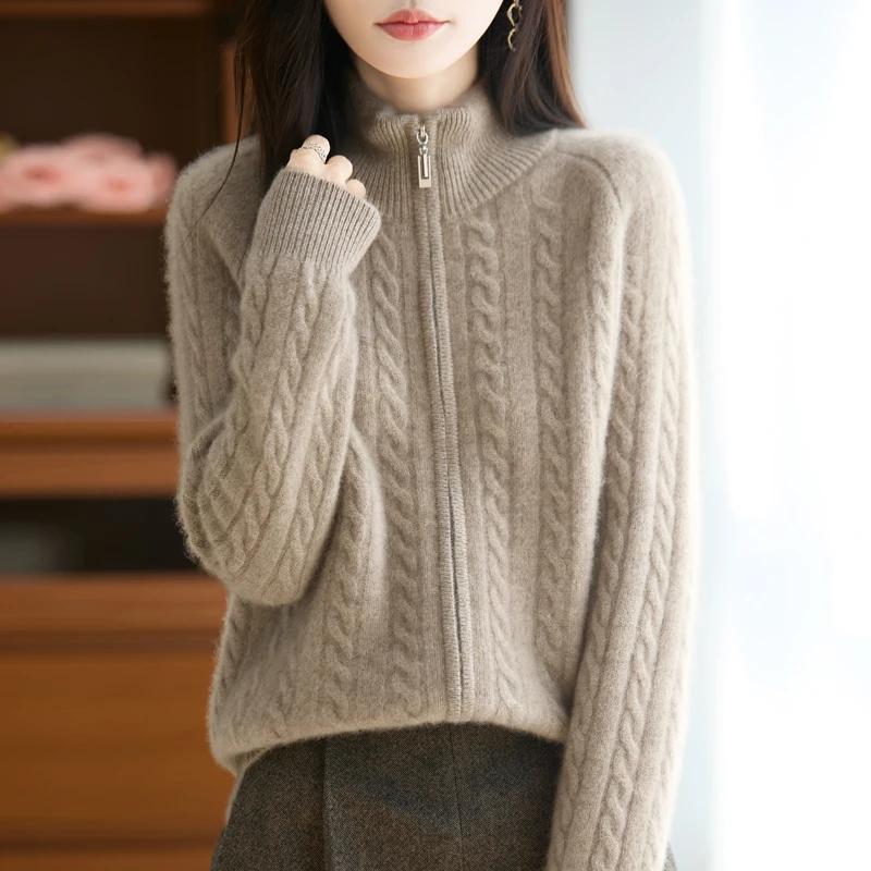 Cardigan 100% laine mérinos avec fermeture éclair pour femme, pull à câble épais, tricot chaud, vête