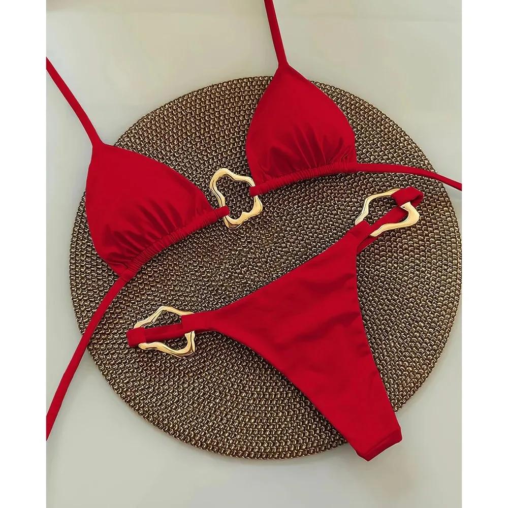 Nouveau Bikini Sexy couleur unie à lacets fendu maillot de bain deux pièces pour les femmes