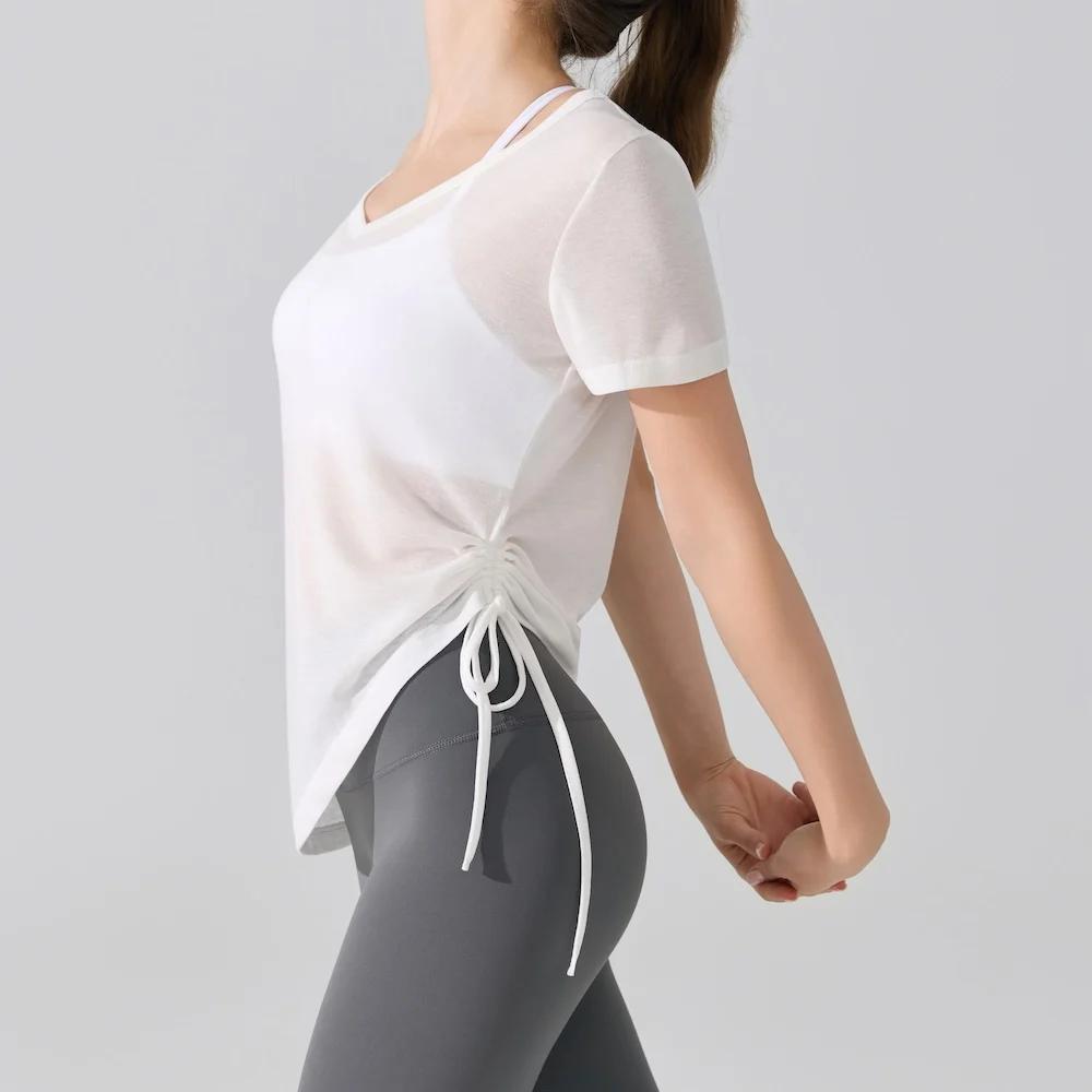 2025 T-shirt athlétique à manches courtes coupe ample pour femme – Conception à cordon plissé – Haut