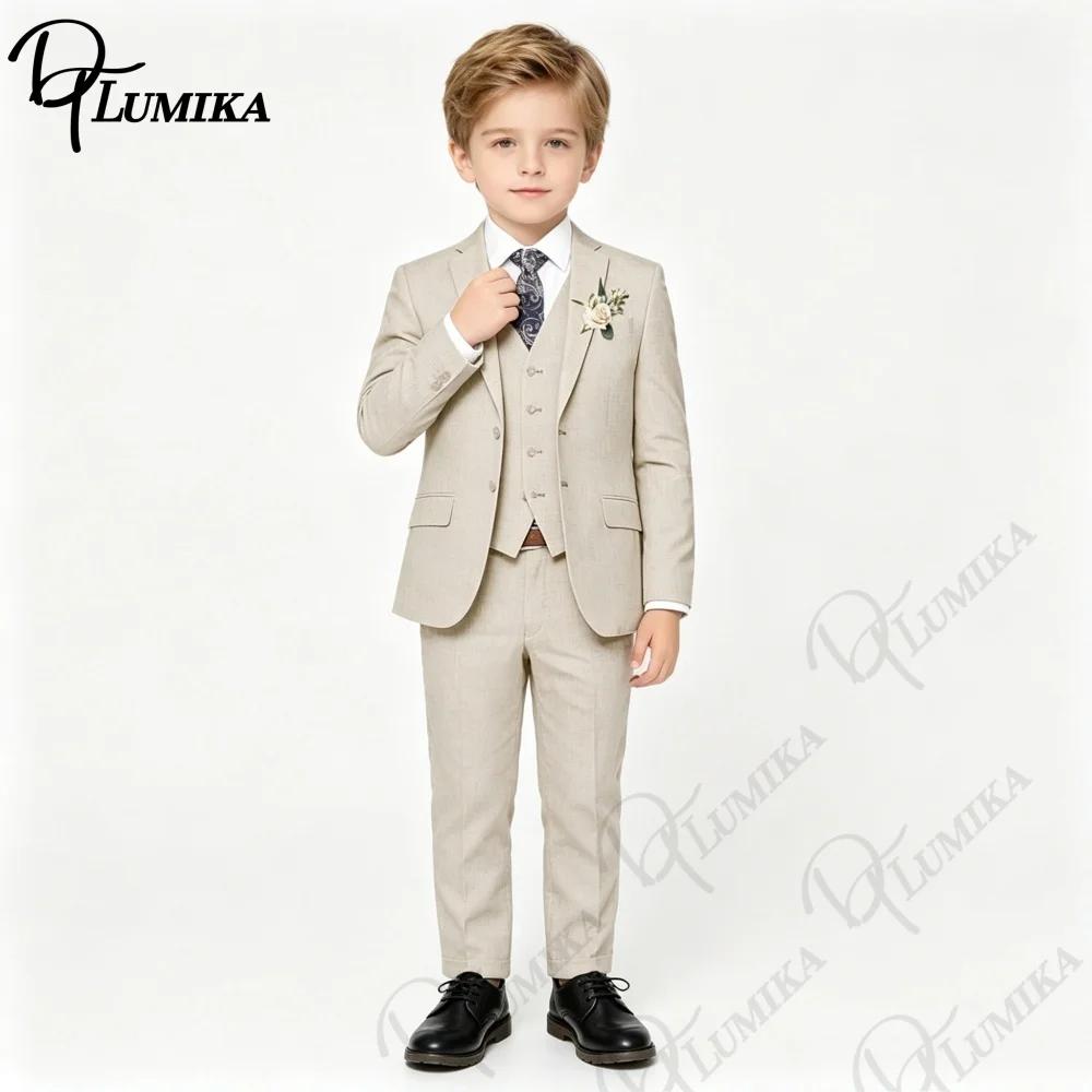 Ensemble 4 pièces élégant en lin pour garçons avec nœud papillon floral 2026 – Blazer, gilet et pant