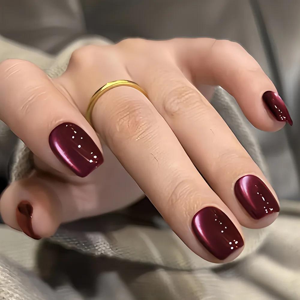 24 pièces cristal oeil de chat faux ongles avec colle court carré presse sur ongles brillant rouge b