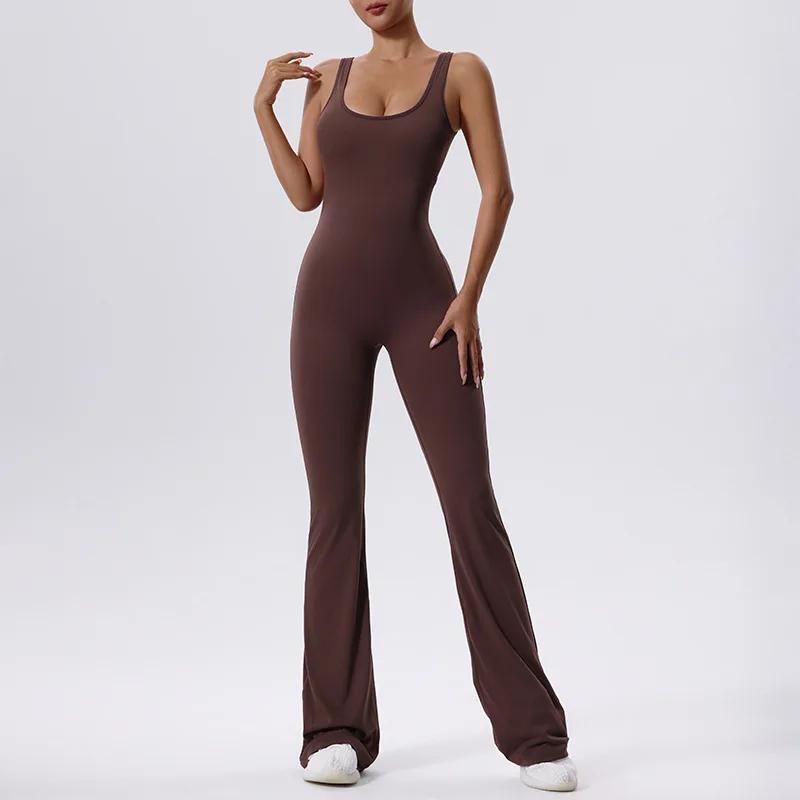 Combinaison de sport une pièce pour femme, dos en V froissé, pantalon évasé imbibé, barboteuses de f