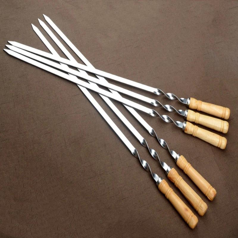 Bâton de kebab de barbecue en acier inoxydable réutilisable avec manche en bois, grands modules, out