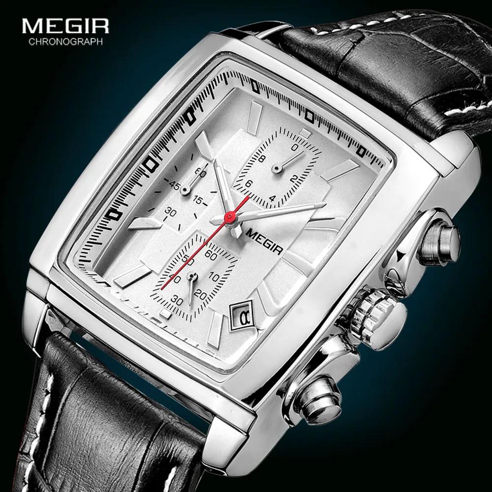 Megir cadran rectangulaire bracelet en cuir Montre pour hommes décontracté bleu chronographe montres