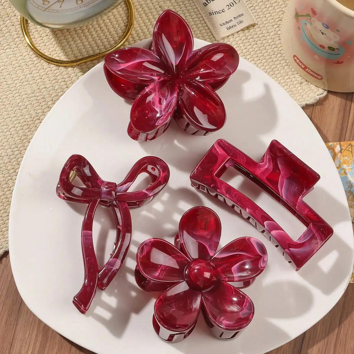Pinces à cheveux à fleurs carrées pour femmes, 4 pièces, automne hiver, nœud bordeaux, multi-style r