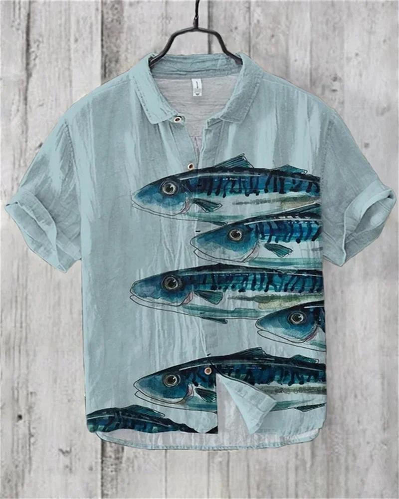 Chemise en lin-2025 été hommes revers à manches courtes T-shirt décontracté imprimé chemise élégant
