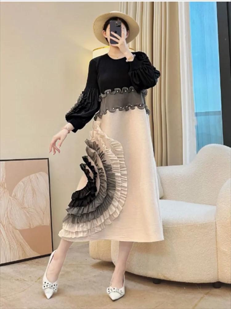 Miyake cravate fleur conception femmes robe plissée col rond à manches longues Colorblock Patchwork