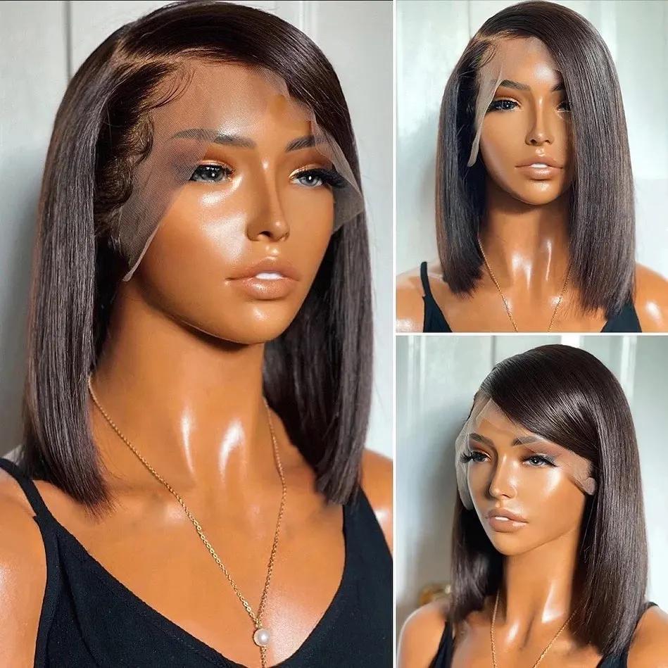 Perruque Bob Lace Wig Brésilienne Naturelle Sans Colle, Cheveux Lisses, Prêt à vitation, Partie Laté