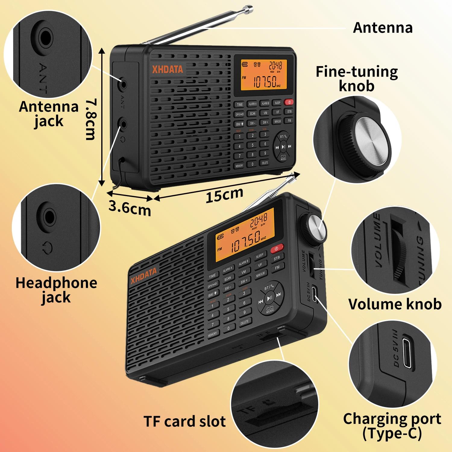 XHDATA D-109 Stéréo Numérique Portable Radio AM SW MW FM Radio Bluetooth Compatible Multifonctionnel