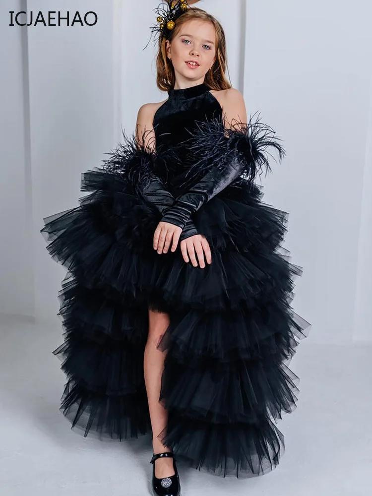 Robe en tulle multicouche noire à col licou ICJAEHAO, sans gants, robe d'été pour filles, costumes p