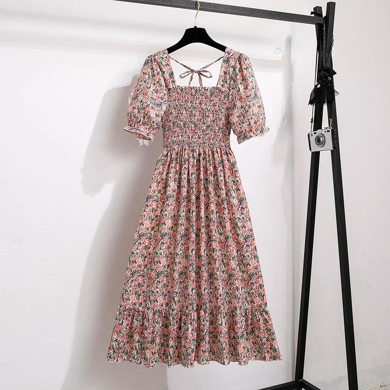 Printemps été robes en mousseline de soie mode femme taille élastique à manches courtes plissée tenu