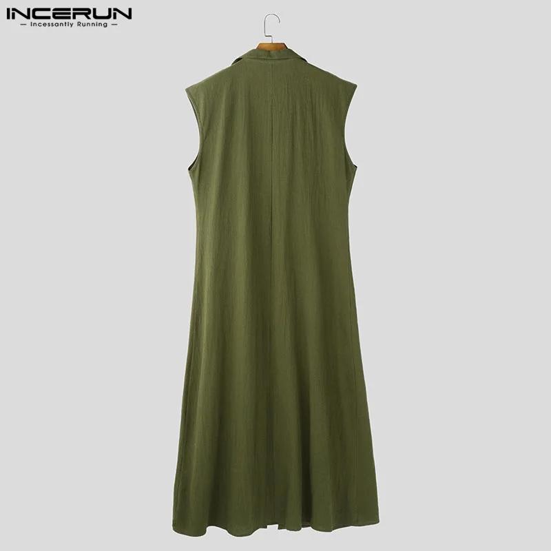 INCERUN hommes chemises de Style Long solide col montant sans manches décontracté mâle Cardigan Stre