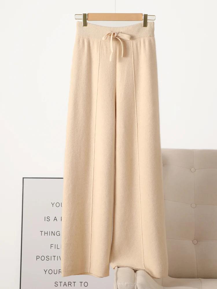 Pantalon tricoté en laine mérinos pour femme, jambes larges, basique, doux et chaud, en cachemire, d