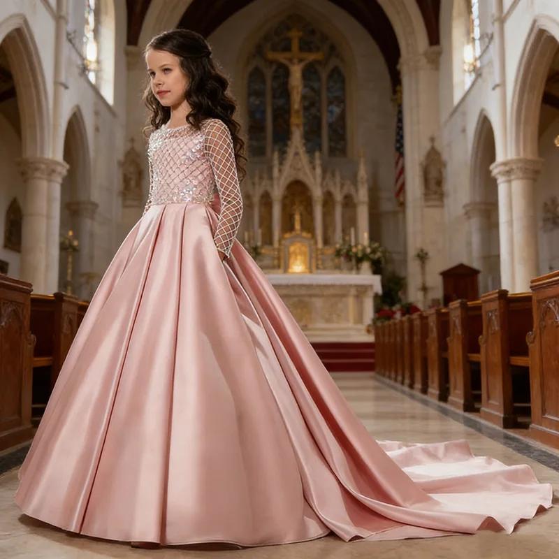 Robe de princesse pour fille 2026, style mode, en dentelle et satin, avec nœud, petite traîne et fle