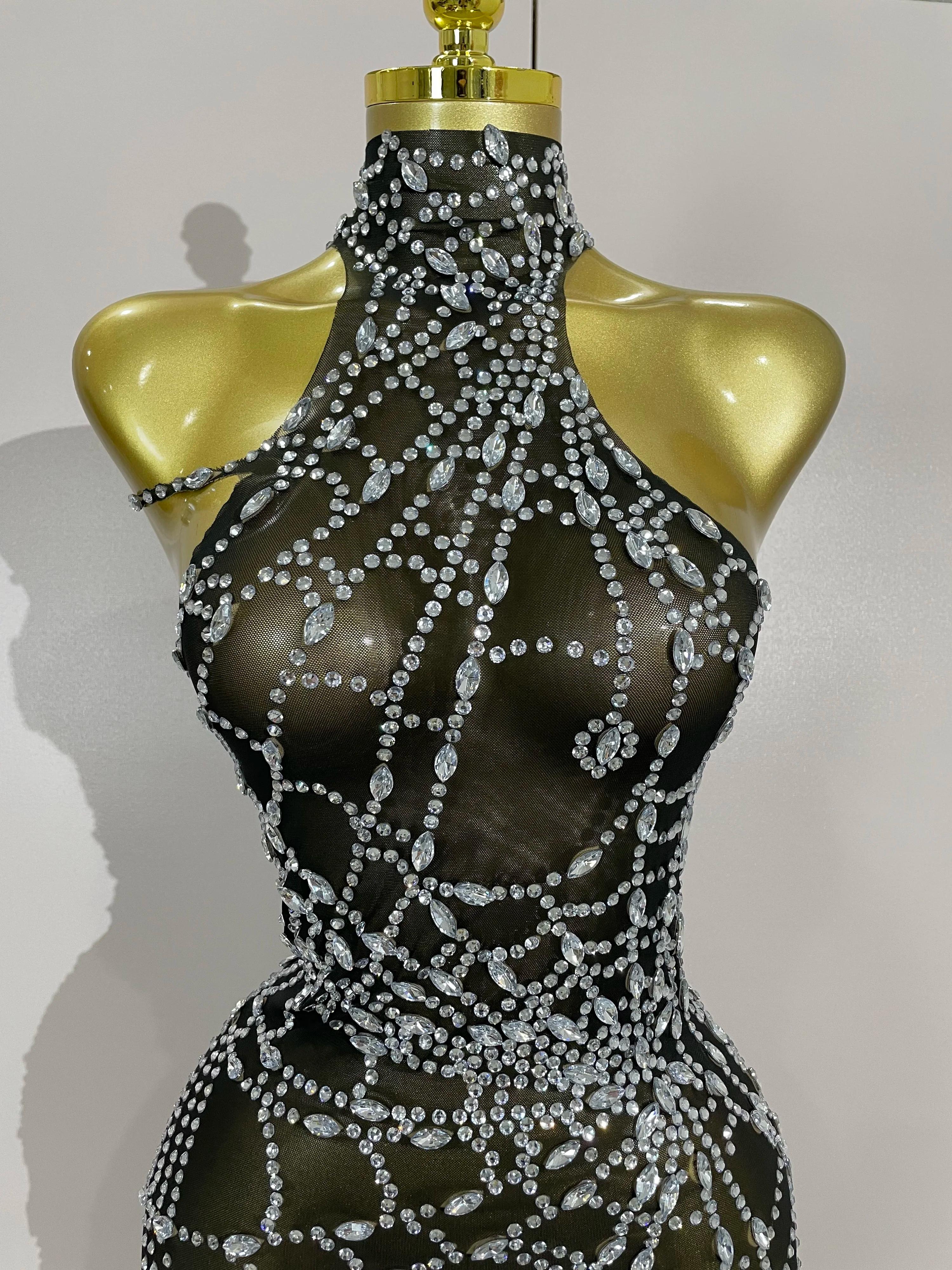 STOCK brillant diamant Sexy maille asymétrique moulante Mini robe femmes discothèque Bar fête specta