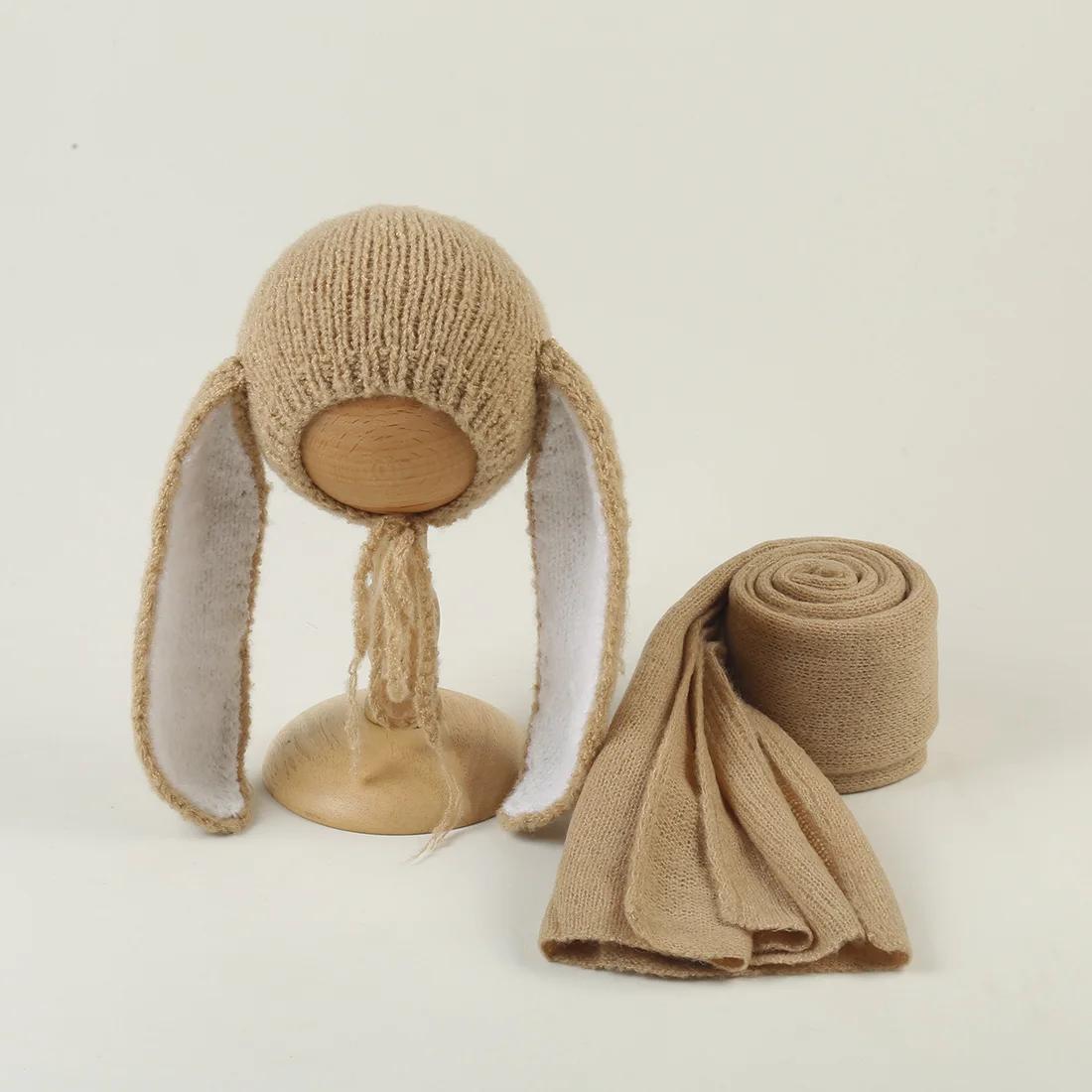 Ensemble bonnet lapin en tricot pour nouveau-né, accessoires de photographie, bonnet lapin doux, com