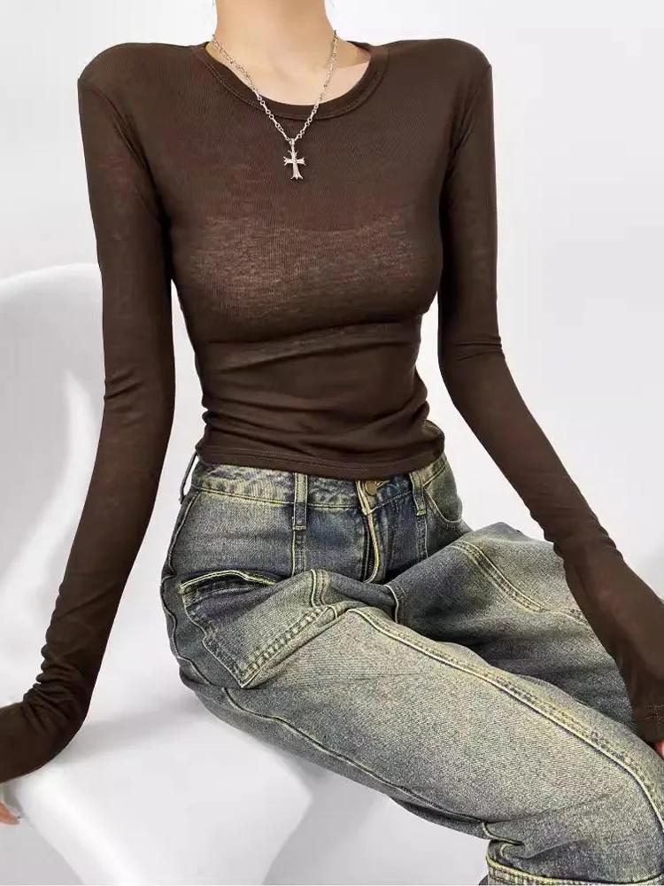T-shirt semi-transparent à manches longues et col rond pour femme
