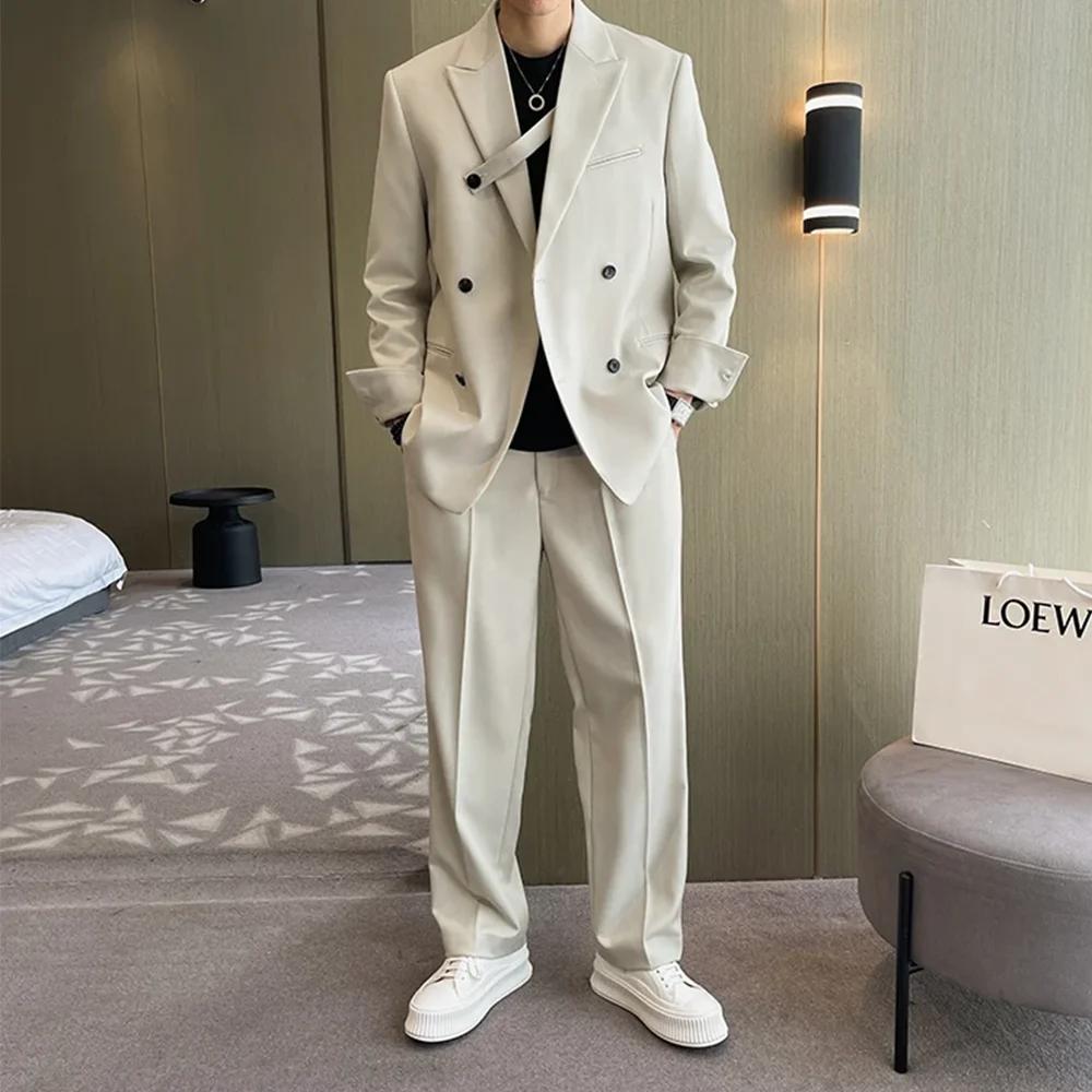 Costumes amples ivoire pour hommes, vêtements pour petit ami, veste et pantalon décontractés, ensemb