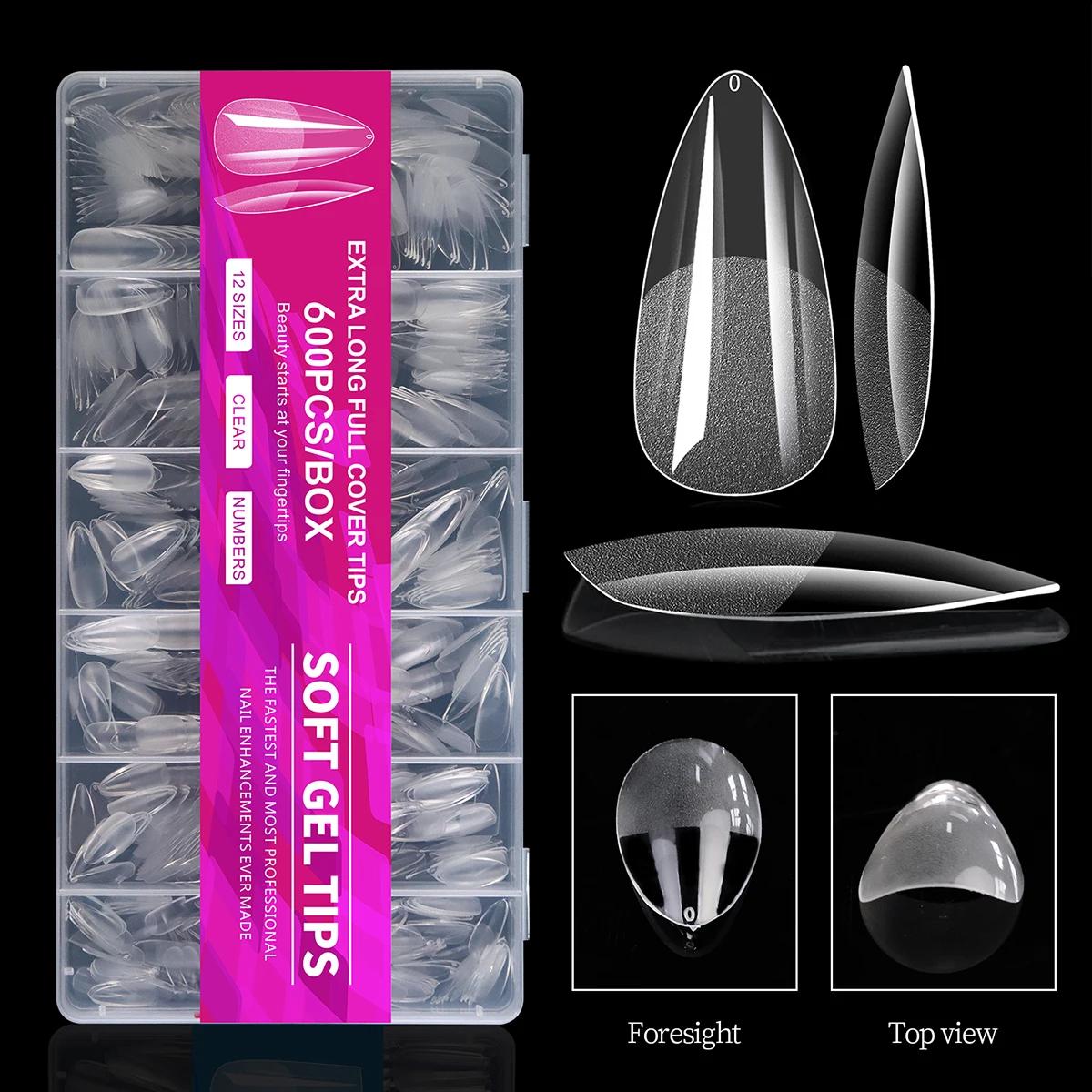 100/600 faux ongles courts en forme d'amande, en gel souple, couvrants, pour ongles en acrylique, à