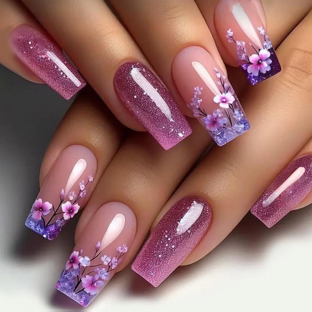 24 pièces presse sur ongles fleur Design mi-long Ballet faux ongles mode marron couverture complète