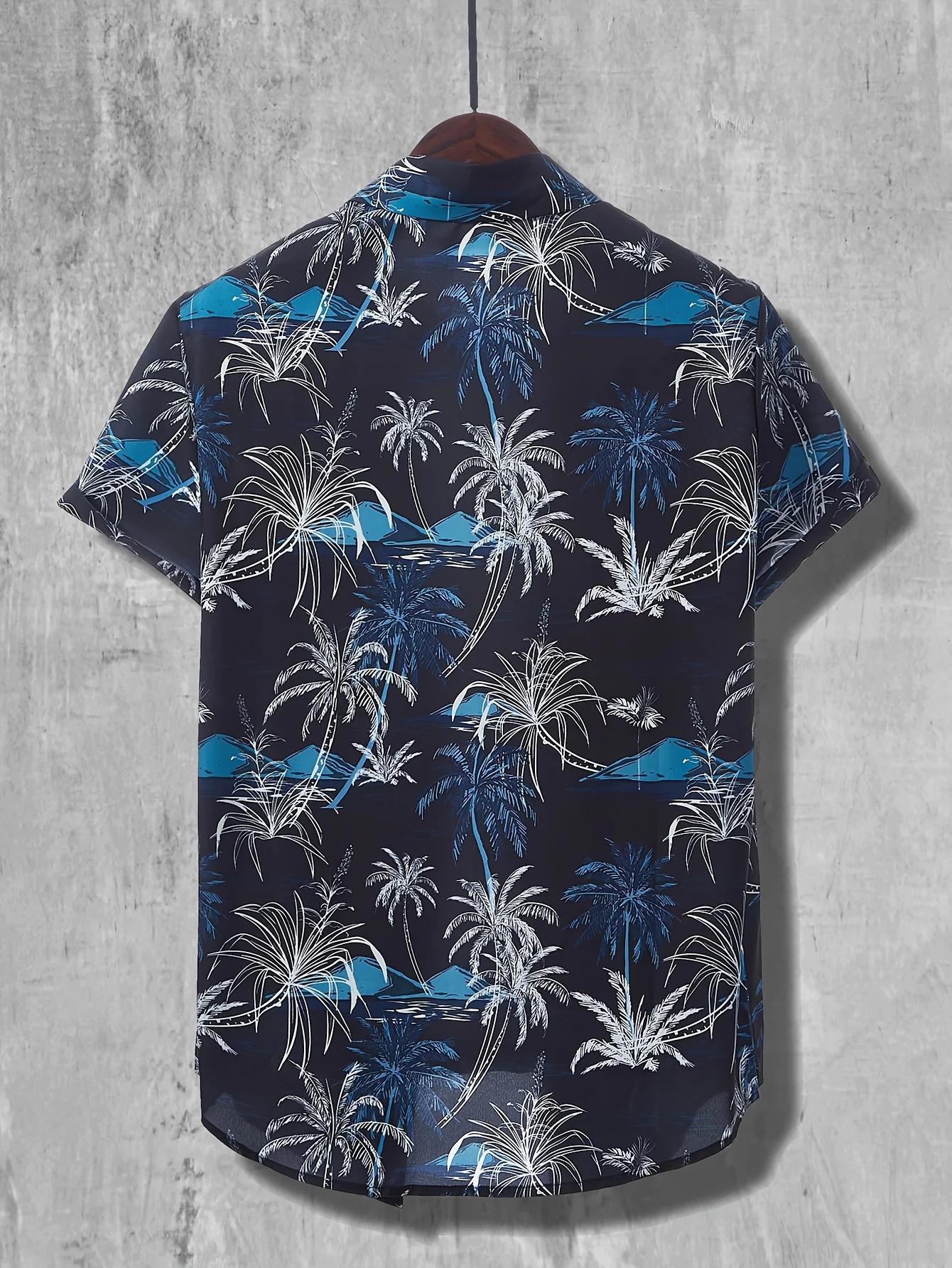 Chemise hawaïenne imprimée cocotier, chemise décontractée à manches courtes boutonnée pour hommes po
