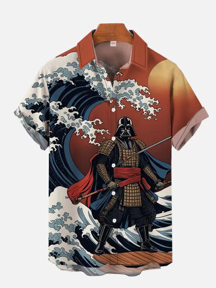 Chemise hawaïenne à manches courtes et col rabattu, imprimé floral tropical et espace de science-fic