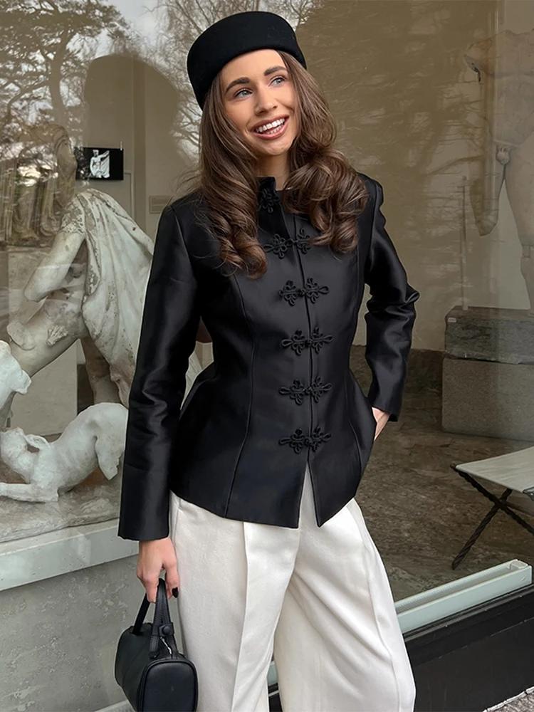 Veste élégante en satin à boutons grenouillère pour femme, col montant chinois, coupe ajustée, colle