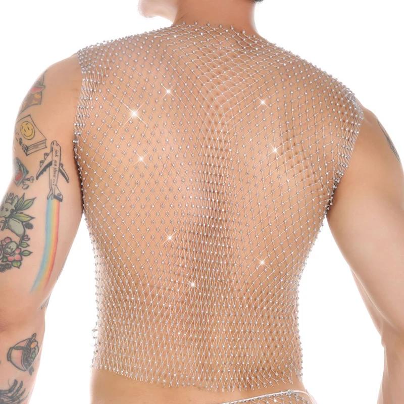 Débardeur fitness homme transparent résille strass sexy haut musculaire sans manches sport