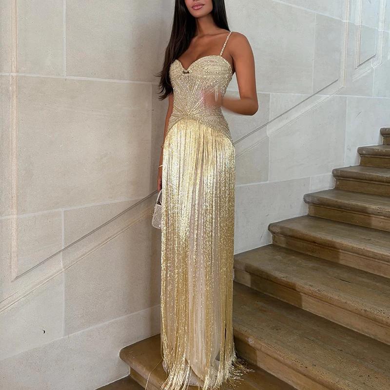 Robe portefeuille Sexy sans manches à franges creuses, dos nu, coupe cintrée, à paillettes brillante