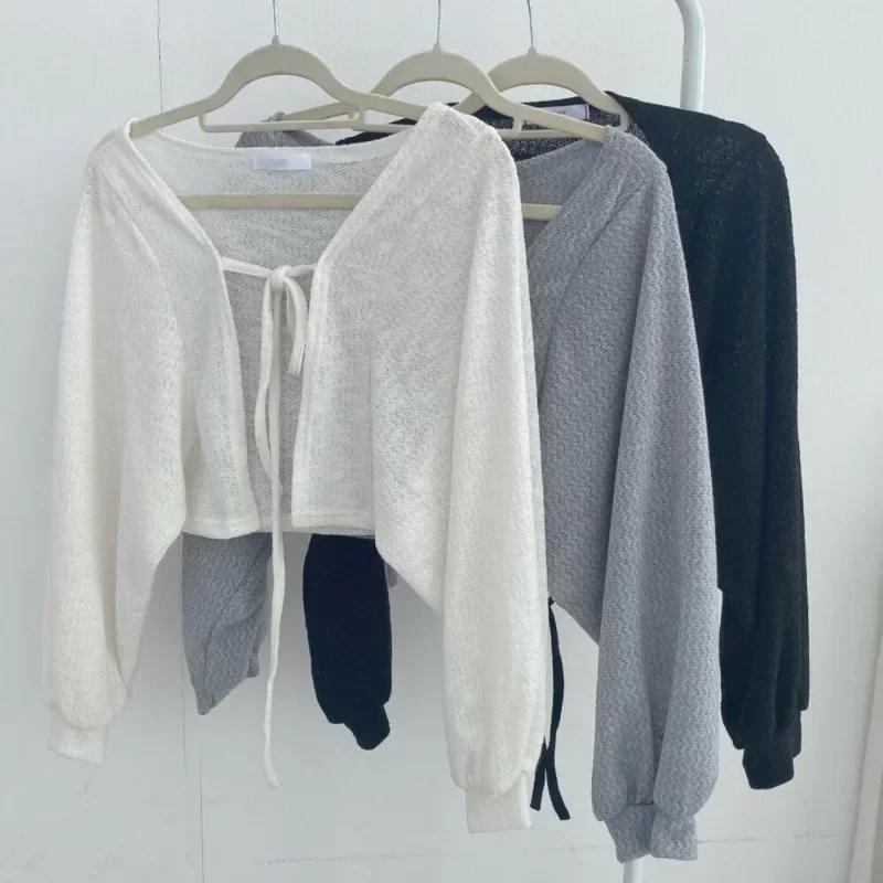 Cardigan blanc fin pour femmes, protection solaire d'été, tricot à lacets, hauts pour dames, Style c