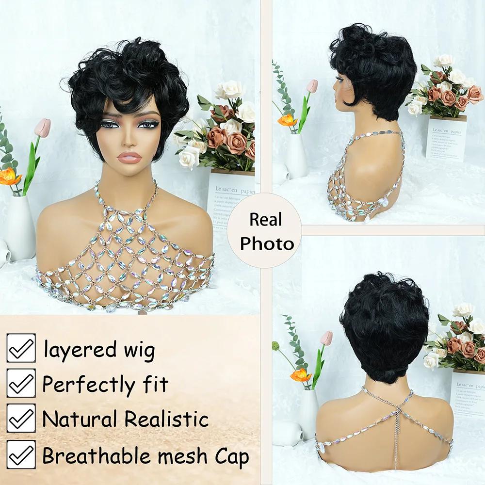 1B # Perruque de cheveux humains coupe lutin pour femmes, 6 pouces, couches courtes, amples et bou