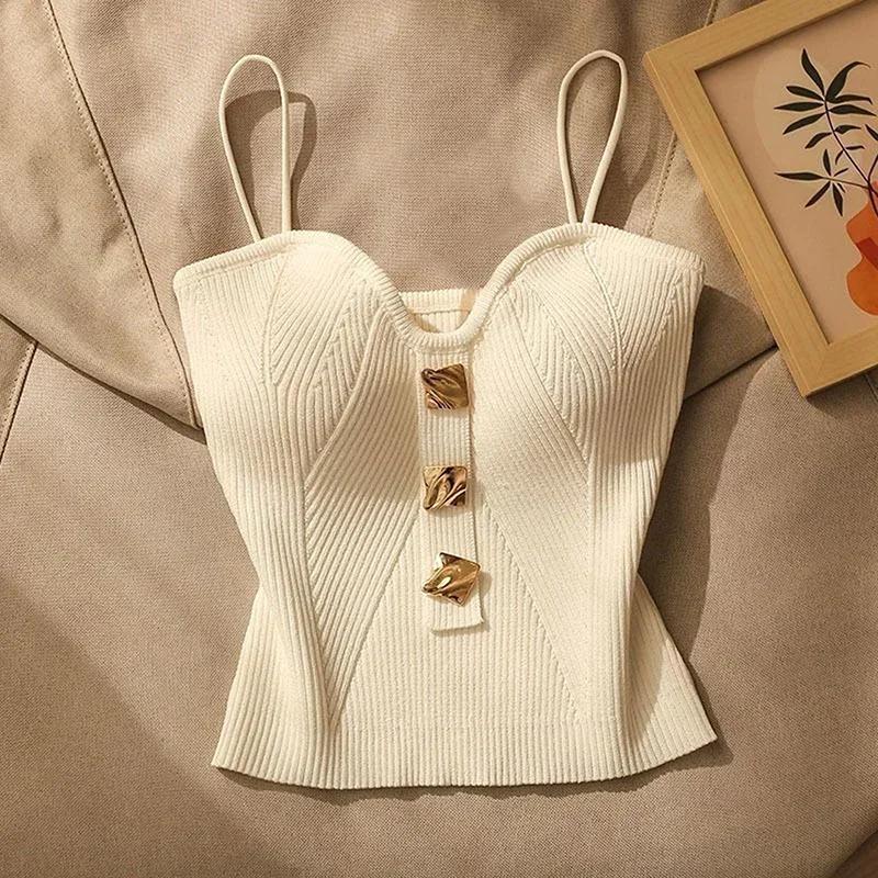 Été croix tricot jarretelle femmes Style français Sexy beauté Camisole coupe ajustée sans manches T-